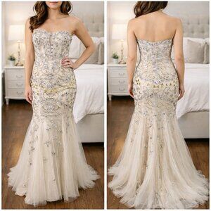 Jovani Beige Silver Strapless Mermaid Formal Gown $794